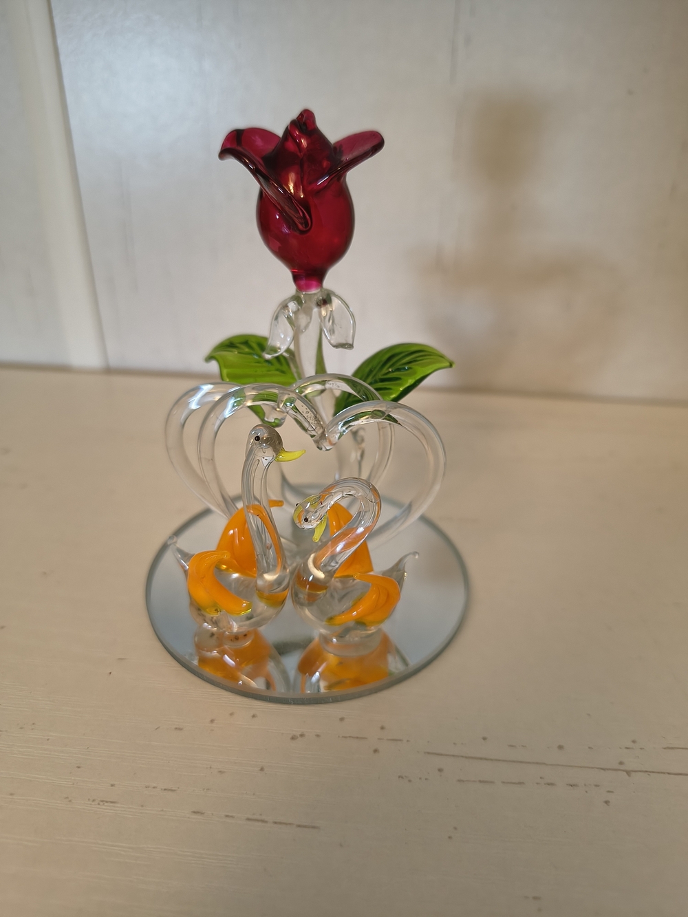 Glass Swan Pair with Red Rose Accent - Home Art Décor - Gift